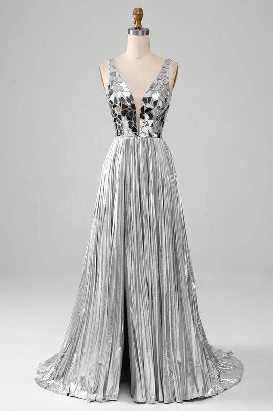 AerbaDress Sparkly A Line Deep V-Neck Golden Long Prom Dress with Split Front