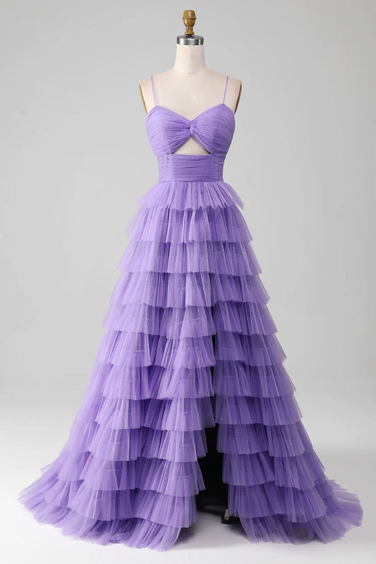 AerbaDress Tulle A-Line Tiered Long Prom Dress with Slit