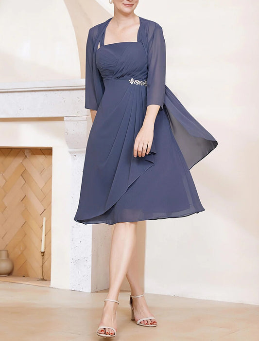 Two Piece A-Line Mother of the Bride Dress Formal Wedding Guest Elegant Square Neck Knee Length Chiffon 3/4 Length Sleeve with Appliques Side Draping