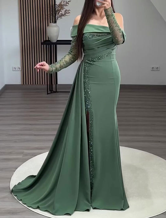 Sheath / Column Evening Gown Elegant Dress Formal Prom Floor Length Long Sleeve Off Shoulder Stretch Fabric with Ruched Sequin