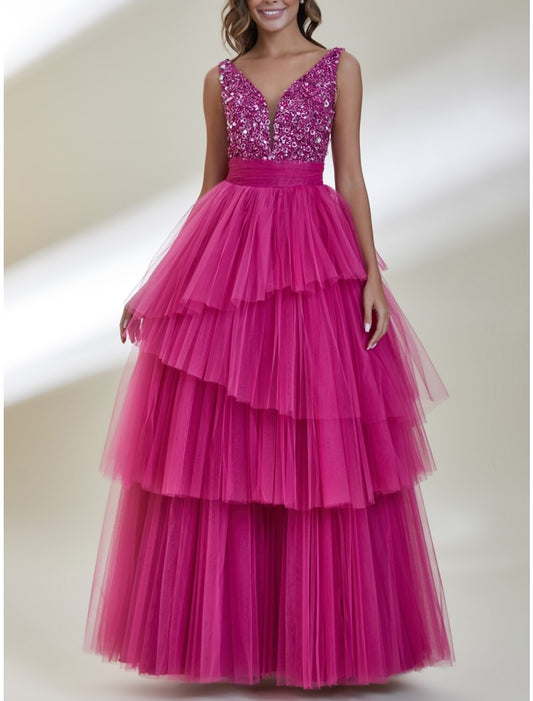 A-Line Prom Dresses Elegant Dress Formal Floor Length Sleeveless V Neck Tulle with Pleats Sequin