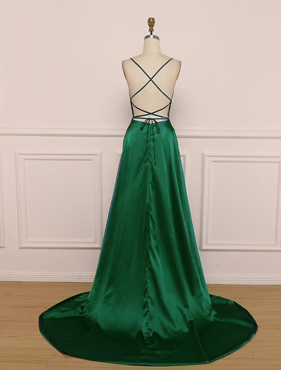 A-Line Prom Dresses Minimalist Dress Party Wear Prom Sweep / Brush Train Sleeveless Spaghetti Strap Satin with Pleats