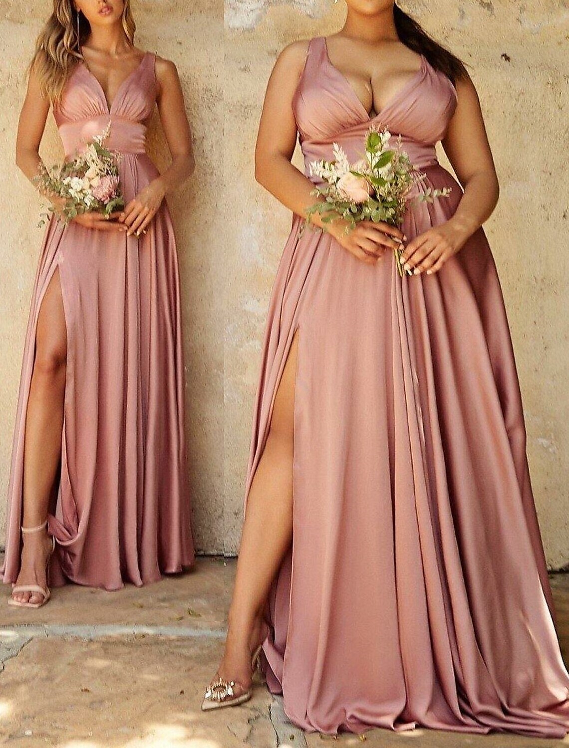 A-Line Bridesmaid Dress V Neck Sleeveless Pink Floor Length Chiffon / Satin with Split Front / Ruching