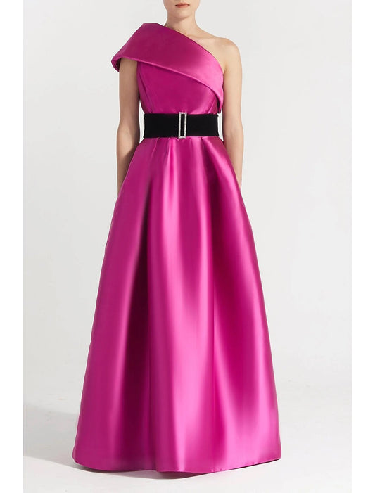 A-Line Evening Gown Elegant Dress Formal Floor Length Sleeveless One Shoulder Satin with Pocket