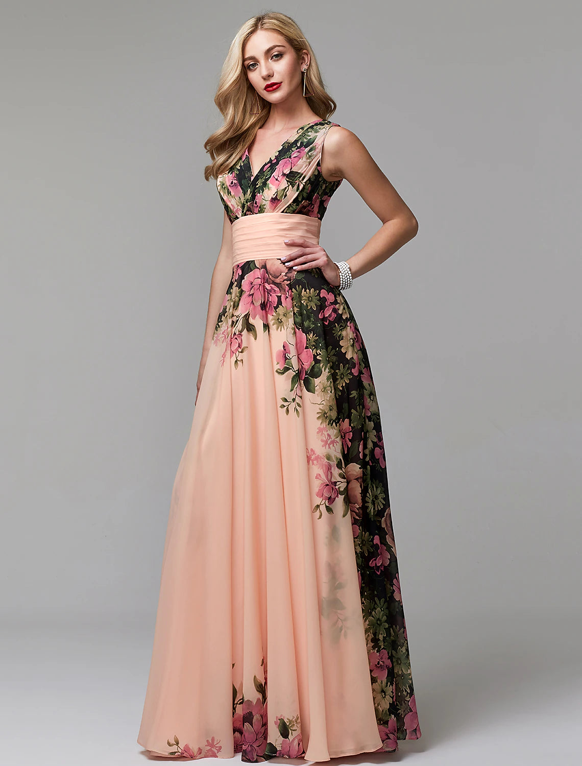 A-Line Floral Dress Holiday Floor Length Sleeveless V Neck Bridesmaid Dress Chiffon with Pattern / Print