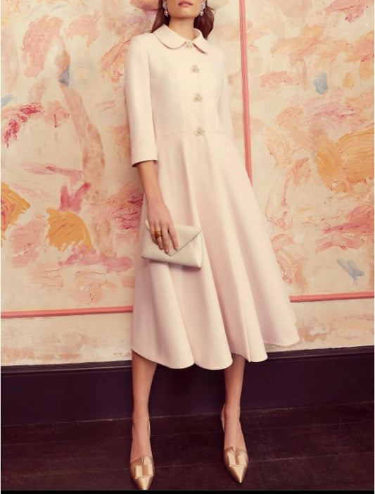 A-Line Mother of the Bride Dress Formal Wedding Guest Elegant Shirt Collar Tea Length Chiffon Sequined Stretch Chiffon 3/4 Length Sleeve with Crystals