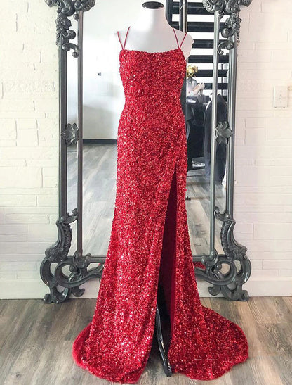 Mermaid / Trumpet Prom Dresses Sparkle & Shine Dress Party Wear Floor Length Sleeveless Spaghetti Strap Sequined with Sequin