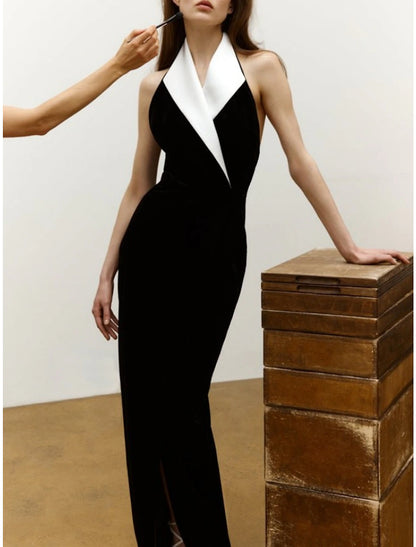Sheath / Column Evening Gown Elegant Dress Formal Floor Length Black Dress Sleeveless V Neck Imitation Silk with Slit