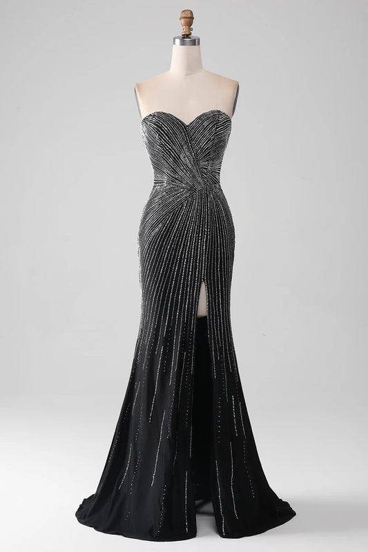 AerbaDress Black Glitter Strapless Mermaid Prom Dress with Slit