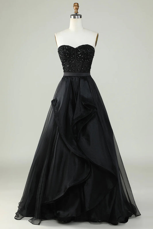AerbaDress Princess A Line Sweetheart Black Strapless Ball Gown Formal Evening Dress
