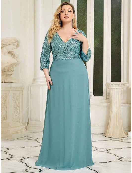 A-Line Evening Gown Elegant Dress Wedding Guest Black Tie Floor Length 3/4 Length Sleeve V Neck Chiffon V Back with Sequin