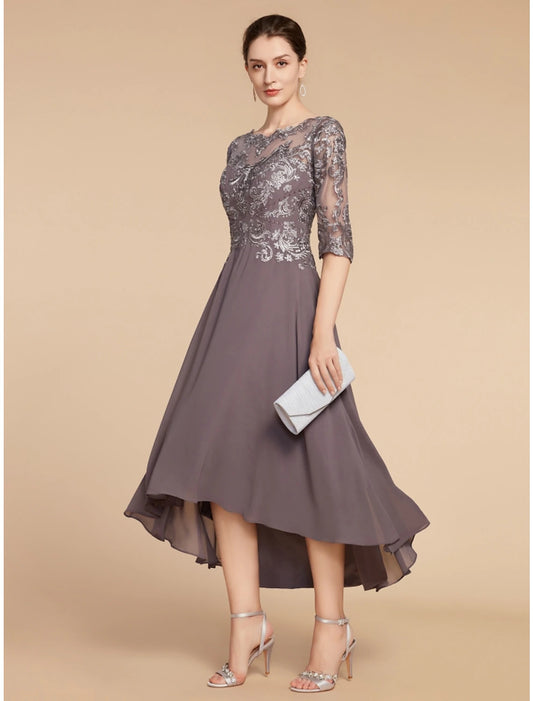 A-Line Mother of the Bride Dress Wedding Guest Elegant Vintage Scoop Neck Asymmetrical Chiffon Lace Half Sleeve with Ruching