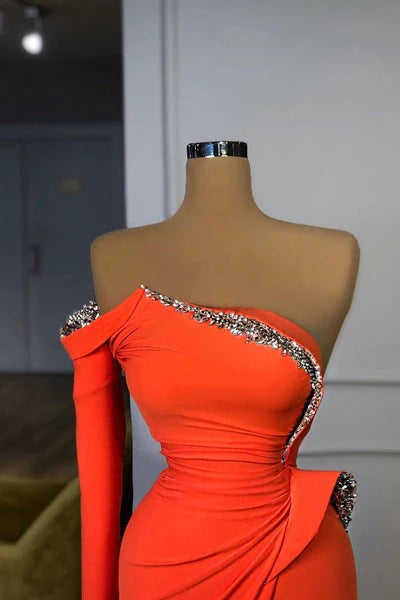 AerbaDress Fashion Long Prom Dresses Long Sleeve Strapless Orange Sequined Evening Dress