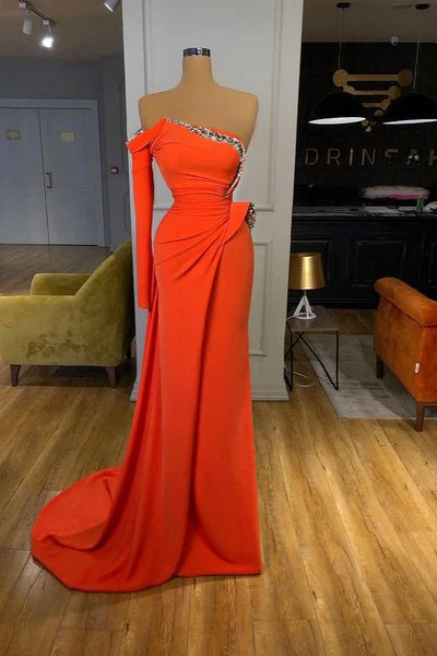AerbaDress Fashion Long Prom Dresses Long Sleeve Strapless Orange Sequined Evening Dress