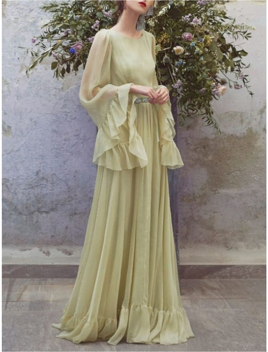 Sheath / Column Mother of the Bride Dress Wedding Guest Party Elegant Scoop Neck Floor Length Chiffon Long Sleeve with Pleats Crystals