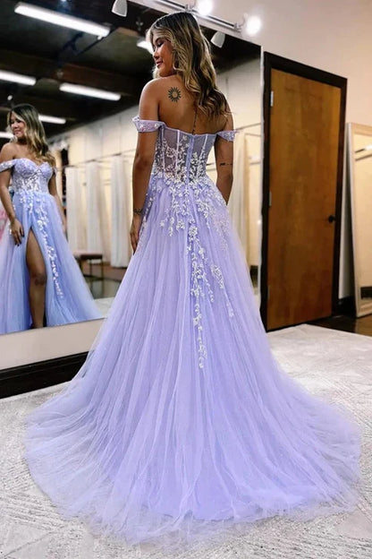 AerbaDress A-line Off The Shoulder Prom Dresses,Appliques Formal Gown Evening Dress