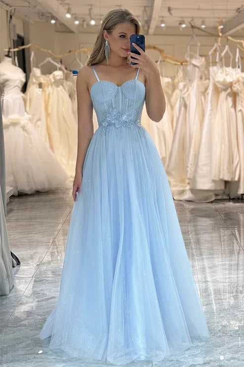 AerbaDress A Line Prom Dresses Spaghetti Straps Tulle Blue Sparkly Evening Dress