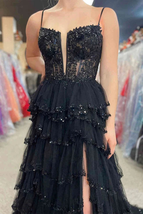 AerbaDress A-line Fashion Prom Dresses Straps Plunging Neck Pink Sequin Lace