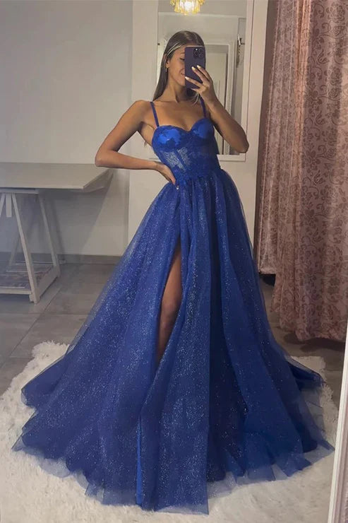 AerbaDress Long Prom Dresses A-Line Sweetheart Neck Royal Blue Tulle Lace Evening Dress