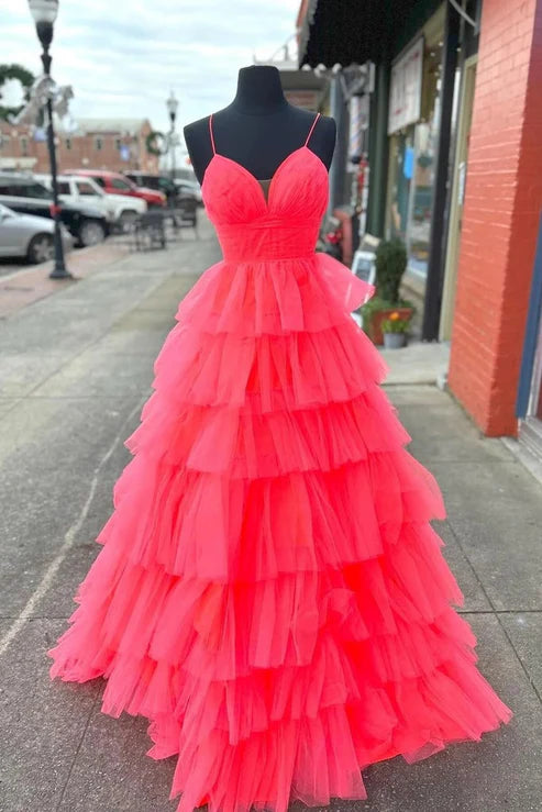 AerbaDress Long Prom Dresses A-line V Neck Red Layers Plunging Evening Dress