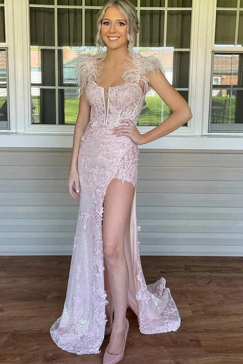 AerbaDress Mermaid Prom Dresses Fashion Split Pink Evening Dress Appliques