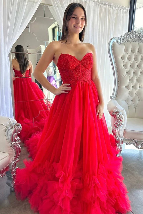 AerbaDress A-Line Red Prom Dresses Sweetheart Corset Ruffle Formal Gown Evening Dress