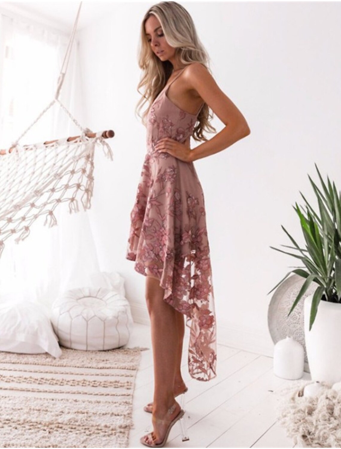 A-Line Cocktail Dresses Floral Dress Homecoming Party Wear Asymmetrical Sleeveless Spaghetti Strap Tulle with Appliques