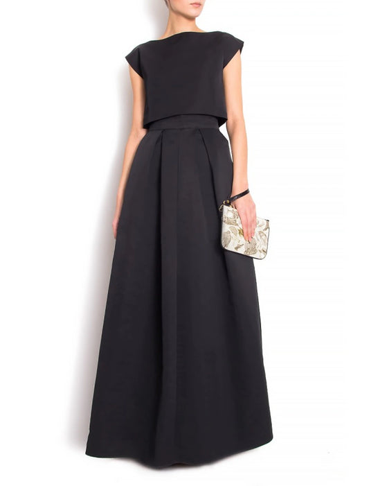 Two Piece Mother of the Bride Dress Simple Elegant Jewel Neck Floor Length Stretch Fabric Short Sleeve with Pleats
