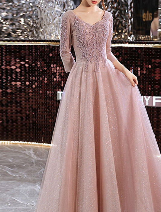 A-Line Prom Dresses Sparkle & Shine Dress Wedding Guest Prom Floor Length 3/4 Length Sleeve V Neck Lace with Appliques