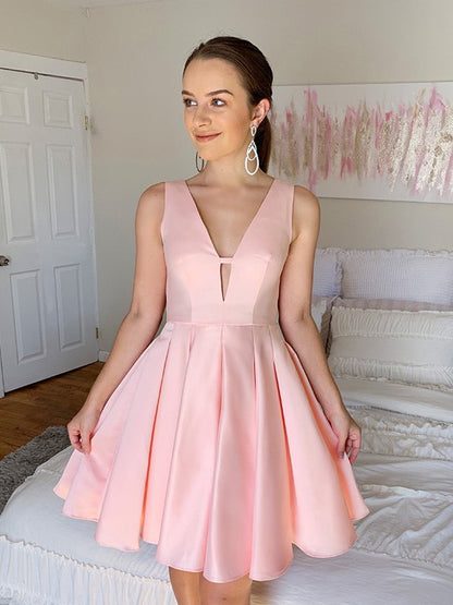 A-Line/Princess V-neck Sleeveless Ruffles Satin Short/Mini Homecoming Dresses