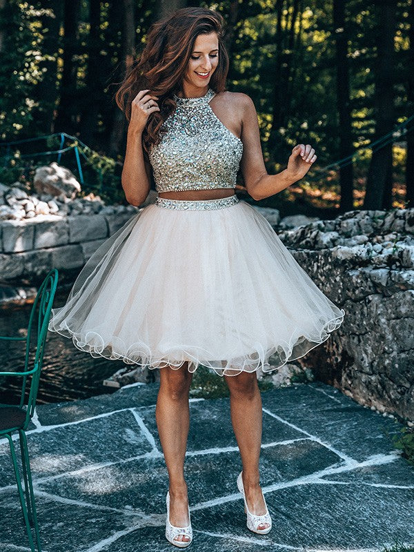 A-Line/Princess Scoop Beading Sleeveless Short/Mini Tulle Two Piece Homecoming Dresses