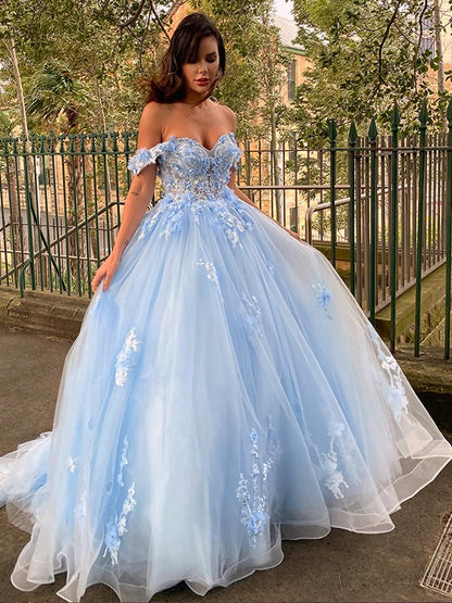 Ball Gown Tulle Applique Off-the-Shoulder Sleeveless Sweep/Brush Train Dresses