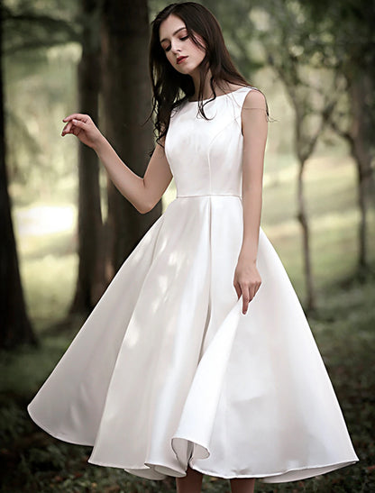 Reception Little White Dresses Wedding Dresses A-Line Scoop Neck Sleeveless Tea Length Satin Bridal Gowns