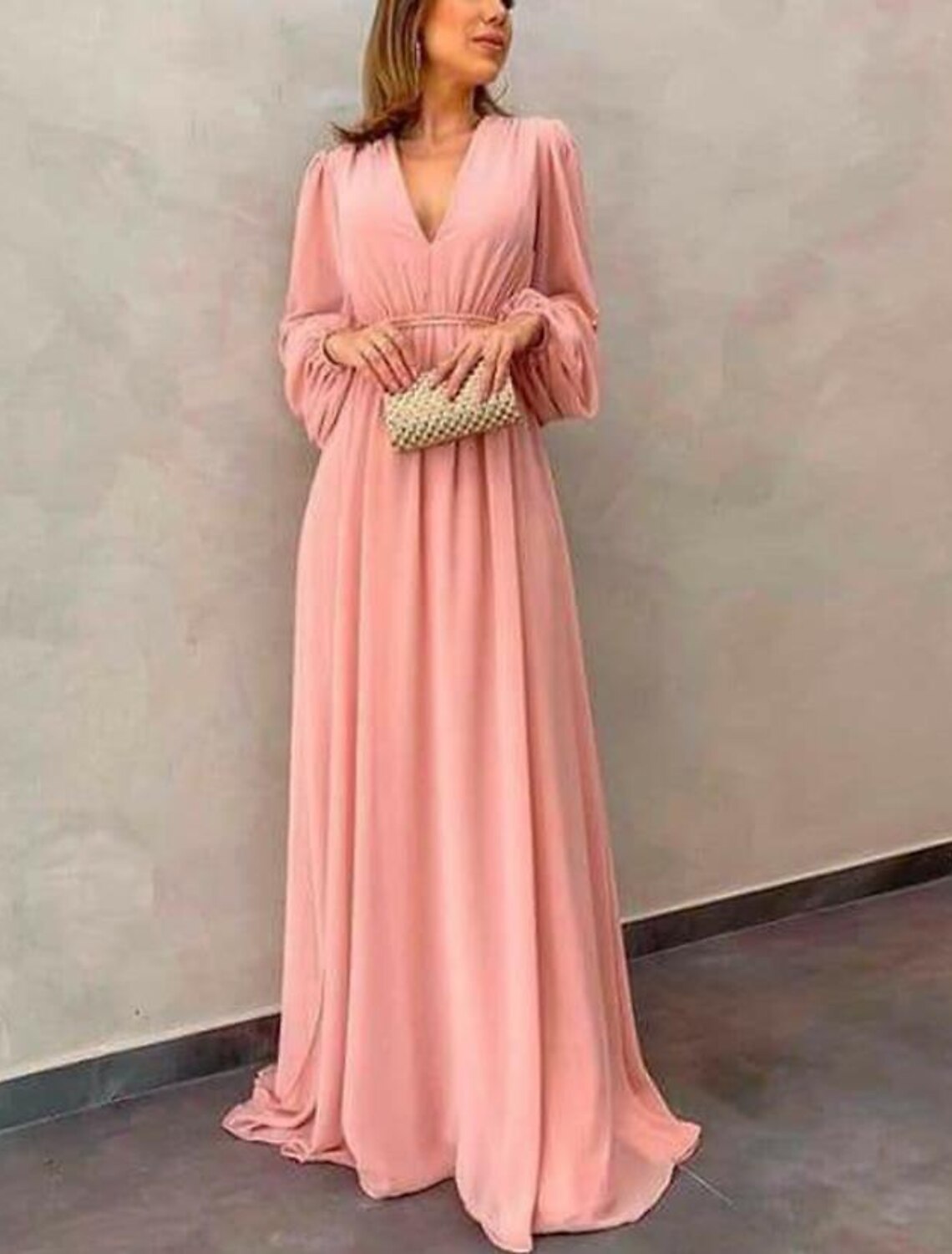 A-Line Mother of the Bride Dress Formal Wedding Guest Elegant V Neck Sweep / Brush Train Chiffon Long Sleeve with Pleats