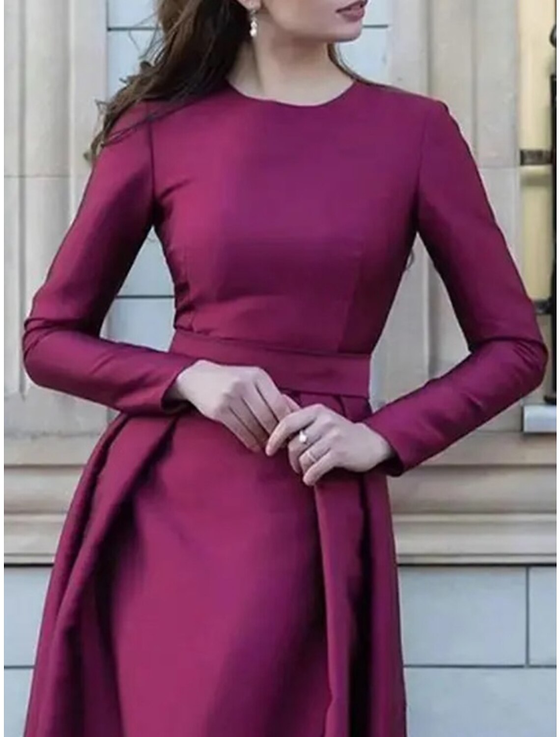 A-Line Mother of the Bride Dress Wedding Guest Elegant Jewel Neck Sweep / Brush Train Satin Long Sleeve with Ruching Solid Color
