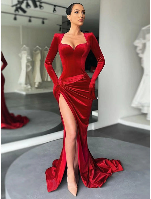 A-Line Evening Gown Vintage Dress Formal Fall Court Train Long Sleeve Sweetheart Velvet with Ruched