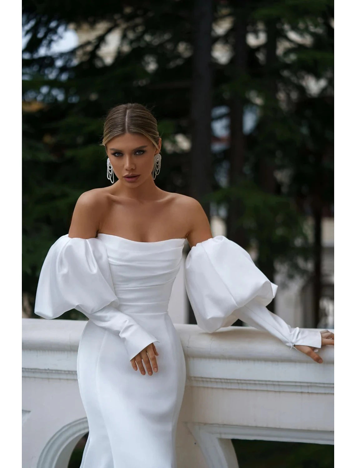 Hall Casual Wedding Dresses Mermaid / Trumpet Off Shoulder Long Sleeve Court Train Satin Bridal Gowns With Ruched