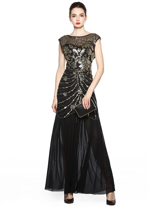 A-Line Evening Gown Vintage Dress Holiday Floor Length Sleeveless Jewel Neck Spandex V Back with Sequin Embroidery