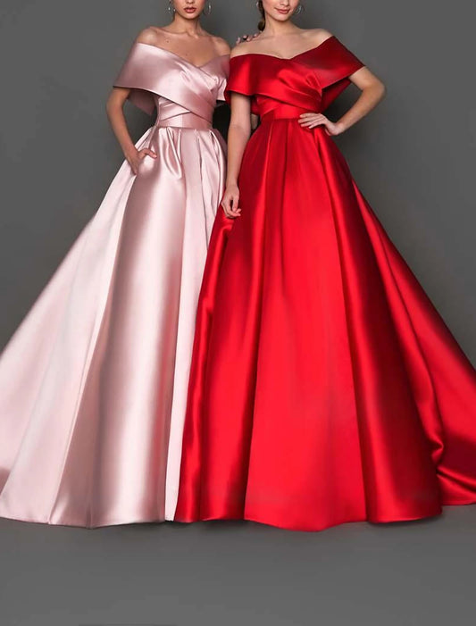 Ball Gown Celebrity Style Minimalist Princess Quinceanera Formal Evening Dress Off Shoulder Short Sleeve Court Train Satin with Pleats