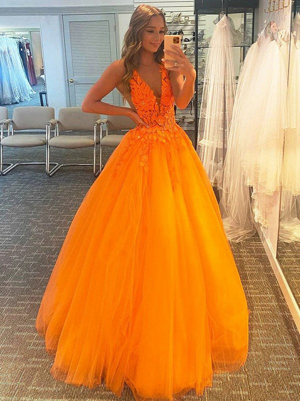 Ball Gown Tulle Applique V-neck Sleeveless Sweep/Brush Train Dresses