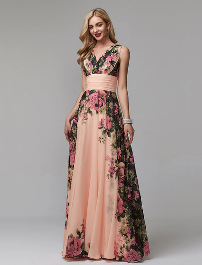 A-Line Floral Dress Holiday Floor Length Sleeveless V Neck Bridesmaid Dress Chiffon with Pattern / Print