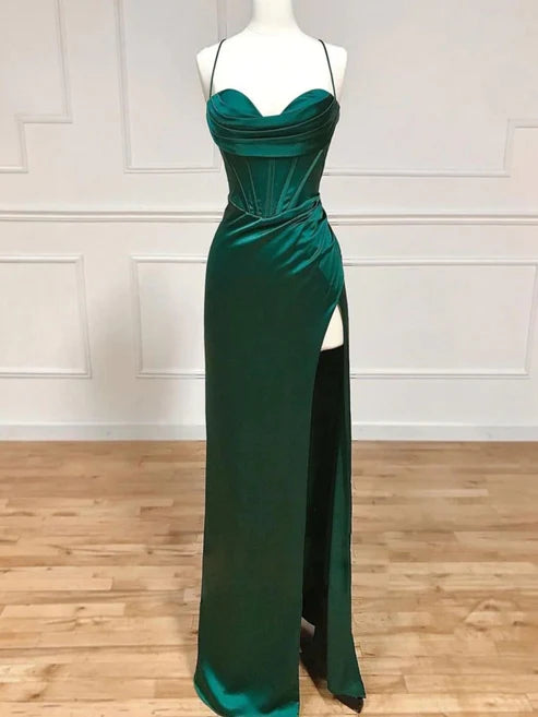 AerbaDress  Emerald Floor Length Corset Prom Dresses With Side Slit