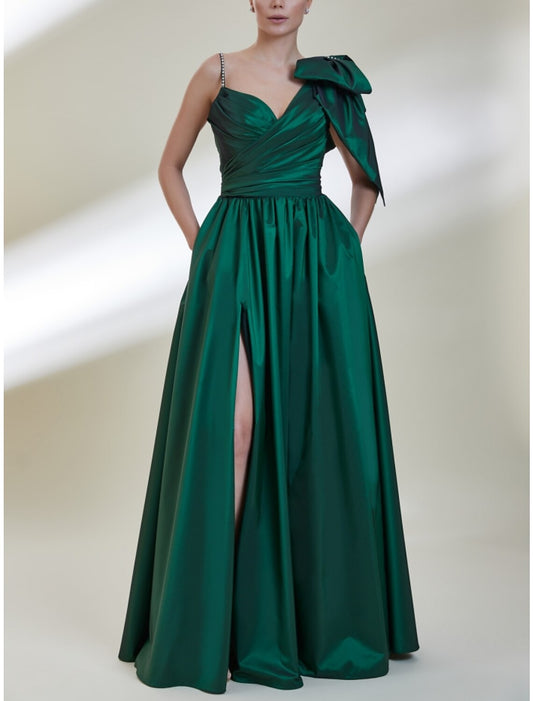 A-Line Prom Dresses Elegant Dress Formal Floor Length Sleeveless Spaghetti Strap Satin with Bow(s) Pleats