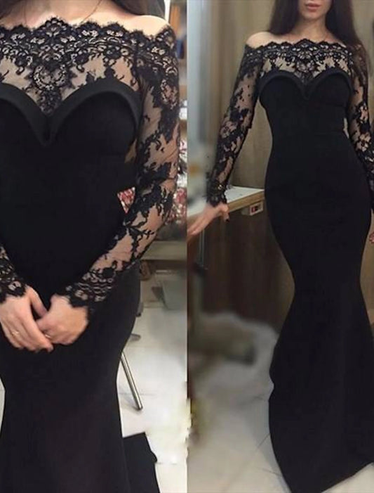 Mermaid / Trumpet Evening Gown Gothic Dress Formal Wedding Party Court Train Long Sleeve Off Shoulder Stretch Fabric with Appliques