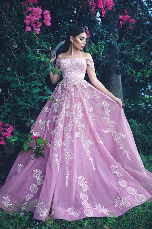 AerbaDress Fashion Evening Dress Off The Shoulder Tulle Prom Dresses Ball Gown With Lace Appliques