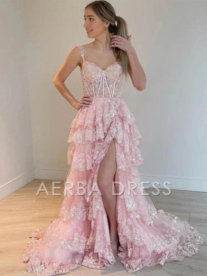 AERBA DRESS Evening Dress A LineTulle Off the Shoulder Sweetheart Tiered Ruffles Prom Dresses Split Sleeveless Corset Ball Gowns Long Dress