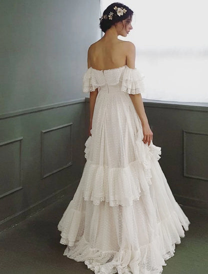 Beach Wedding Dresses A-Line Off Shoulder Cap Sleeve Sweep / Brush Train Tulle Bridal Gowns With Ruffles