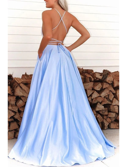 A-Line Prom Dresses Open Back Dress Formal Wedding Party Sweep / Brush Train Sleeveless Spaghetti Strap Satin Backless with Pleats
