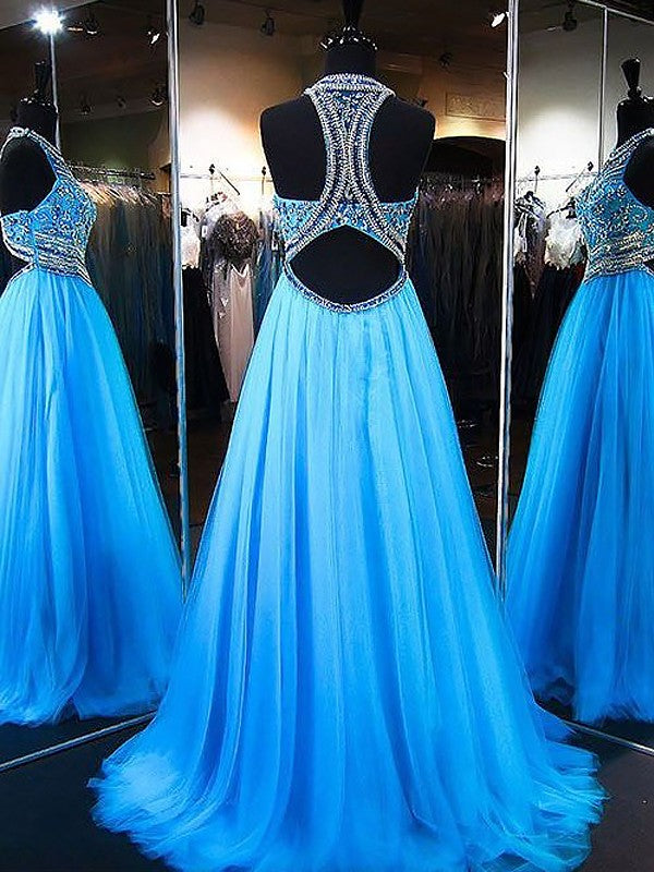 A-Line/Princess Jewel Sleeveless Sweep/Brush Train Beading Tulle Dresses