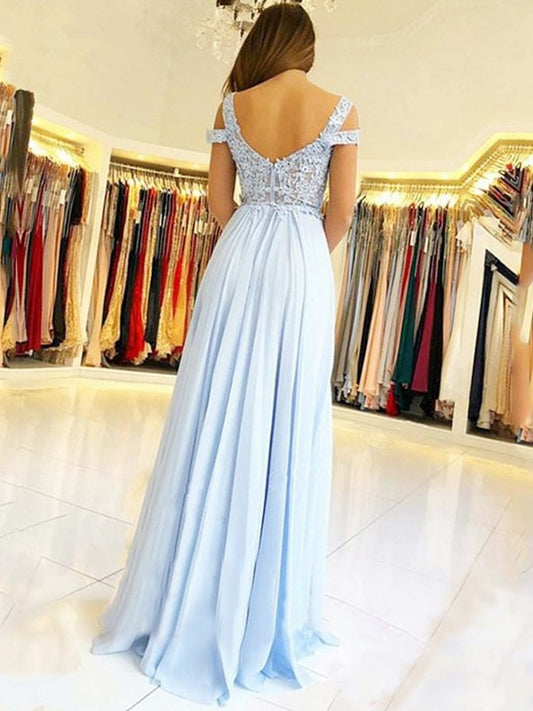 A-Line/Princess Sleeveless Off-the-Shoulder Floor-Length Applique Chiffon Dresses